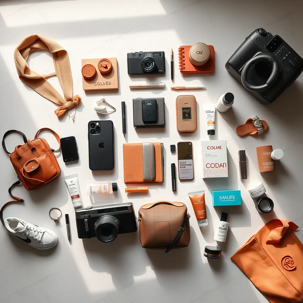 A captivating photorealistic image, shot from a high angle, showcasing a curated selection of products from SAITS4U Store. The image should feature a mix of fashion items, electronics, home goods, and beauty essentials, artfully arranged on a clean white background.  The products should be illuminated with soft, natural light, highlighting their textures and details.  The background should feature subtle, elegant patterns or textures, creating a visually appealing contrast. The image should evoke a sense of luxury, quality, and diversity, reflecting the wide range of products available at SAITS4U Store. The image should be ultra-detailed and rendered in 8K resolution, capturing every intricate detail of the products.