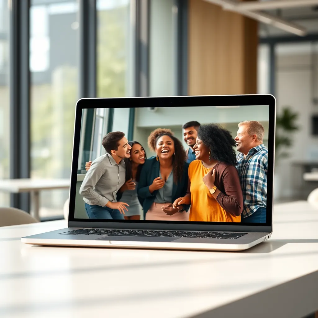 A captivating video playing on a laptop screen. The video shows a group of diverse people interacting with each other and laughing. The laptop is positioned on a table in a modern office setting, with natural light streaming through the window. The image should have a bright and cheerful tone.