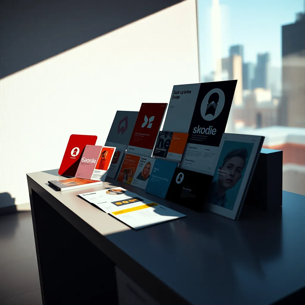 A captivating visual of a branding project. The image features a collection of brand elements, such as a logo, color palette, typography, and imagery, displayed on a sleek, modern desk. The lighting is dramatic side lighting, casting shadows and highlighting the details of the design elements. The color palette is vibrant and complementary, reflecting the brand's unique personality. The camera angle is a close-up, focusing on the intricate details of the designs. The background includes a textured white surface and a blurred cityscape view. The overall mood is creative, professional, and impactful. Style reference:  The work of renowned graphic designer Stefan Sagmeister. Technical specifications: 8K resolution, hyperrealistic, ultra-detailed.