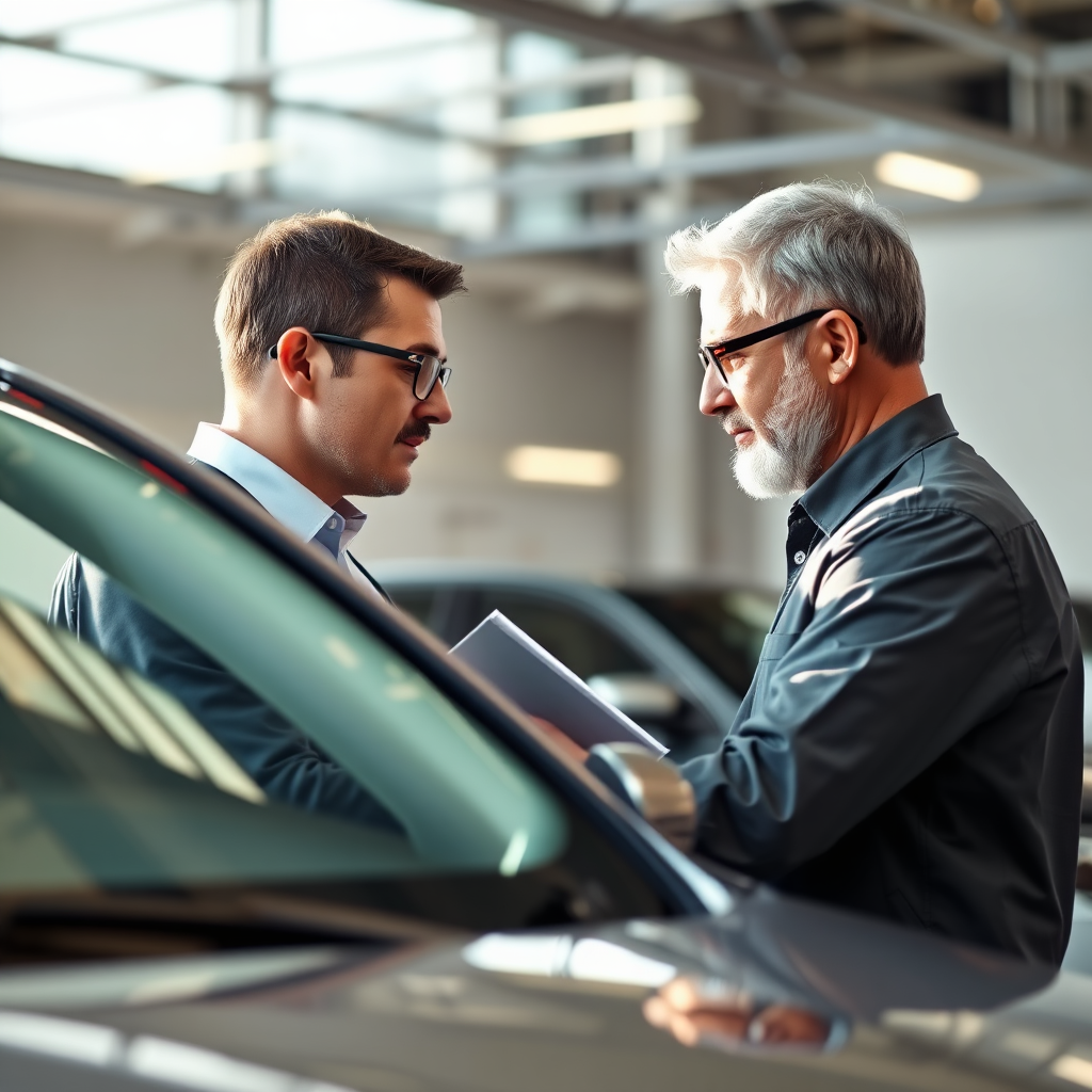 A car appraisal taking place. Depict a professional appraiser carefully inspecting a vehicle. Use natural lighting to showcase the car's condition. Convey transparency and fairness in the appraisal process. The overall feeling should be one of trust and value. 4k Resolution, High Quality.