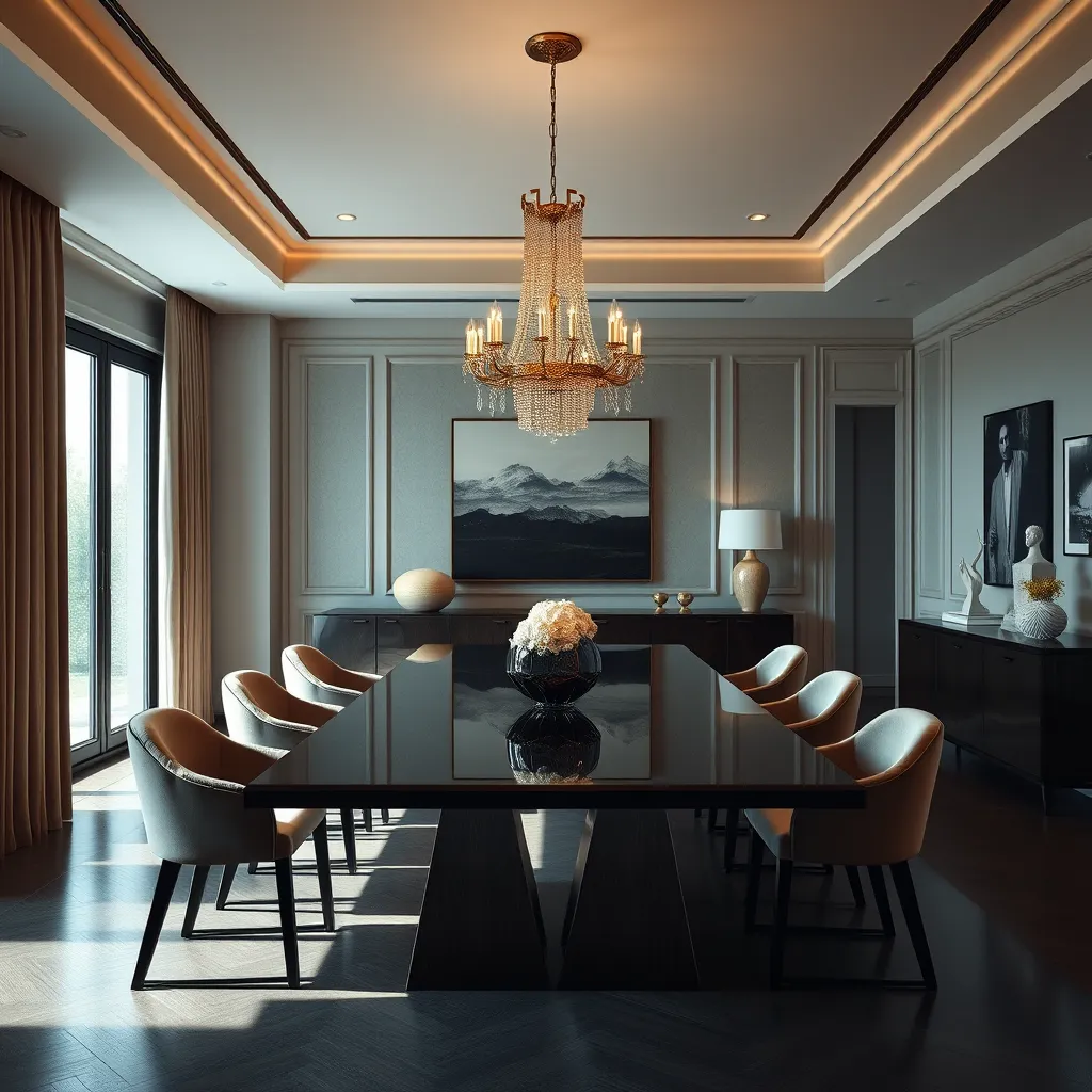 A chic dining room with a contemporary and elegant aesthetic. The room features a sleek, modern dining table made of dark wood with a glossy finish.  The chairs are upholstered in luxurious velvet, adding a touch of elegance and sophistication.  A statement chandelier hangs above the table, casting a warm, inviting glow. The room is adorned with minimal decor, including a few carefully chosen sculptures and artwork.  The image should capture the interplay of light and shadow, highlighting the textures and materials of the furniture and decor.  The overall mood should be one of refinement and understated luxury. Render the image in 8K resolution, capturing every detail of the room with exceptional clarity and realism. The image should be composed in a wide-angle shot, showcasing the entire dining room and highlighting the overall aesthetic.