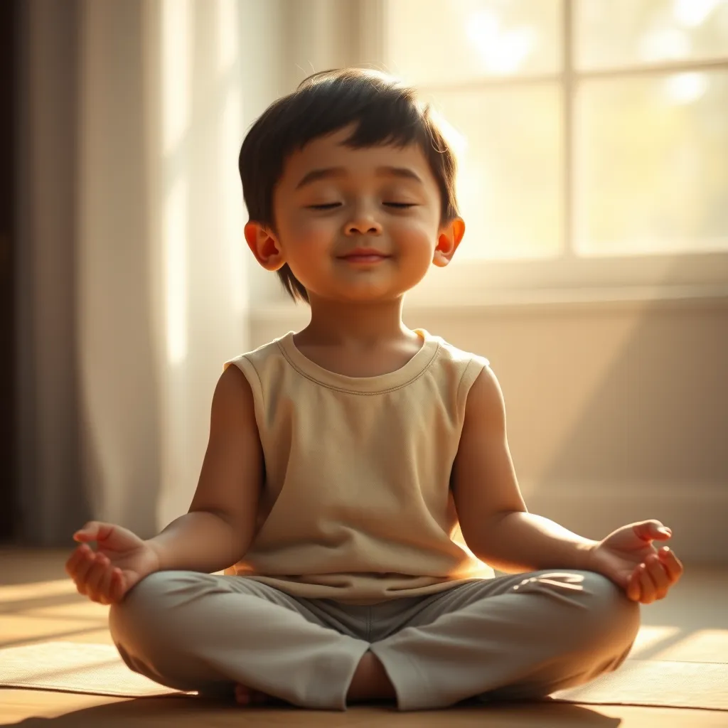 A child, about 6 years old, is sitting in a relaxed lotus pose with their eyes closed, focusing on their breathing. The child is radiating calmness and serenity, surrounded by a peaceful and serene environment. Soft sunlight streams through a window, illuminating the child's peaceful expression.