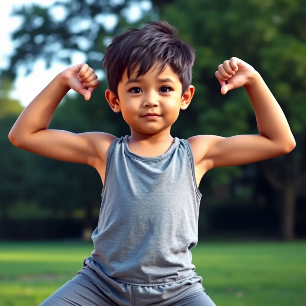 A child, around 7 years old, is standing confidently in a warrior pose, showcasing their strength and balance. They are wearing comfortable athletic attire, with a background of a lush green park. The child has a determined expression on their face, radiating confidence and a sense of accomplishment.