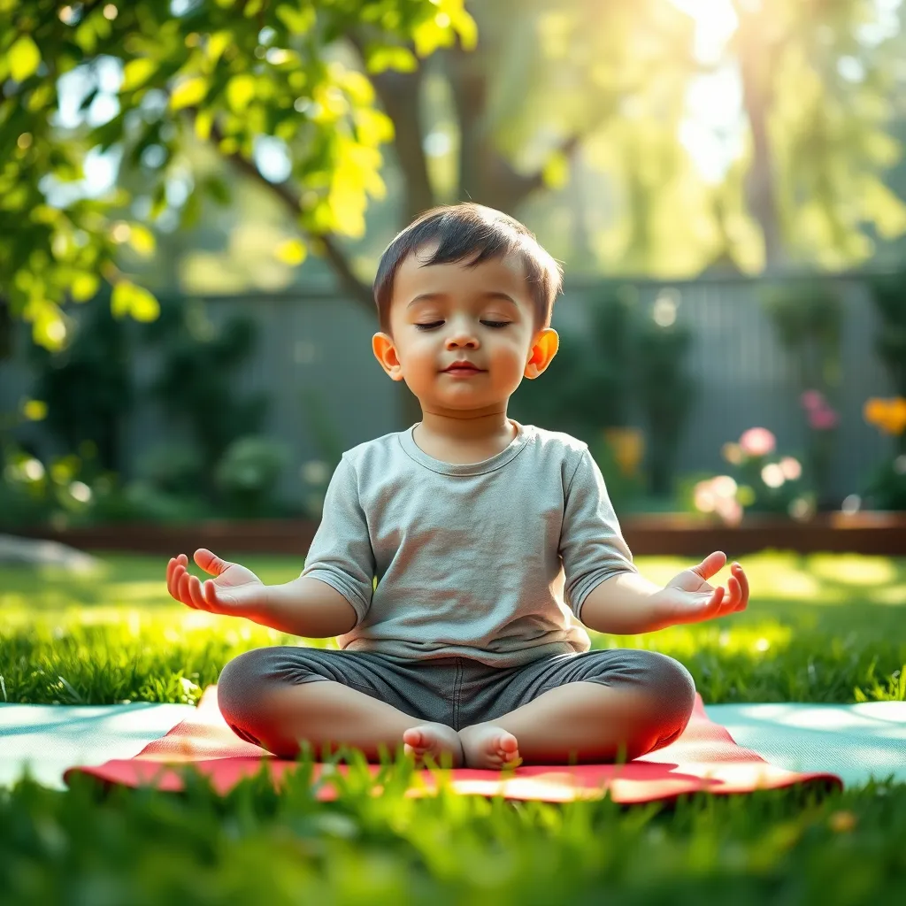 A child is sitting in a meditative pose, with eyes closed, on a colorful yoga mat in a peaceful garden setting.  The child is wearing comfortable clothing and appears calm and relaxed.  Sunlight is dappling through the leaves of trees, creating a serene atmosphere. 