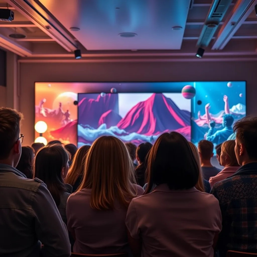 A cinematic shot of a group of diverse people watching a captivating video on a large screen. The video should feature stunning visuals, dynamic motion graphics, and a compelling story that evokes emotions and leaves a lasting impact. The background should be a modern, trendy setting like a co-working space or a conference hall.