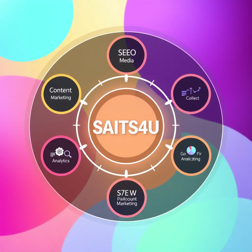 A circular graphic representing a digital marketing ecosystem.  The central circle is labeled "SAITS4U" surrounded by smaller circles representing key services like SEO, social media, content marketing, and analytics.  The background should be a vibrant, modern design with abstract shapes and gradients.