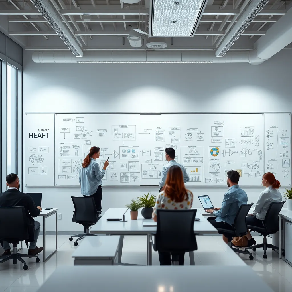 A clean, modern office with a team of people working collaboratively around a large whiteboard covered in diagrams and flowcharts, representing a well-organized and efficient workflow. The image should convey a sense of order and clarity in the workplace.