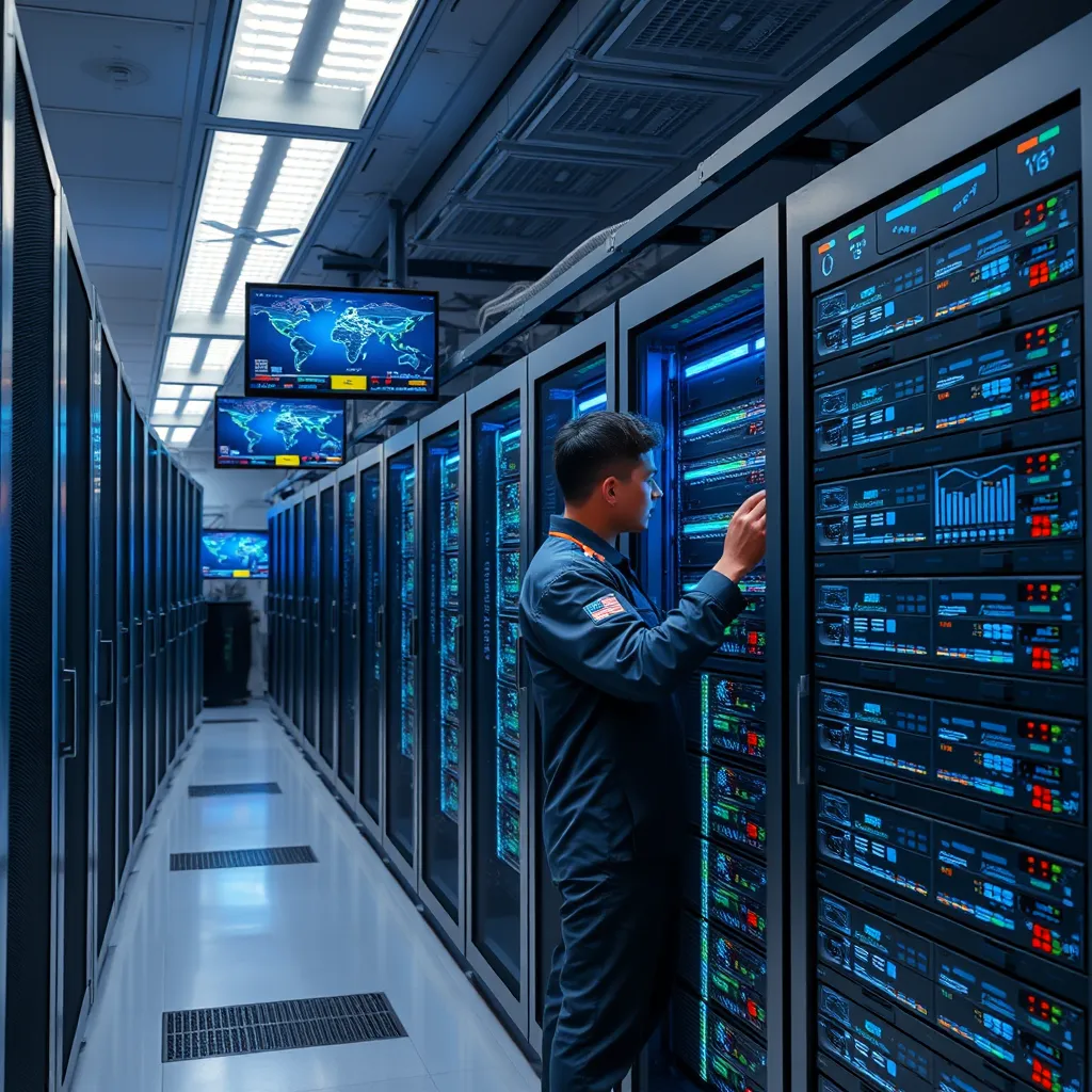  A clean, organized server room with rows of sleek servers and network equipment. The scene should convey a sense of efficiency and order, with data visualizations and performance metrics displayed on monitors in the background. A technician wearing a company uniform is working on a server rack, highlighting the technical expertise.