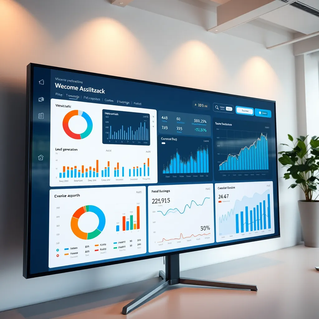 A clean, professional dashboard showcasing a variety of data visualizations. It includes charts, graphs, and key performance indicators (KPIs) related to website traffic, lead generation, customer acquisition, and overall business growth. The dashboard is presented on a large screen in a well-lit office environment, highlighting the importance of transparency and accountability in digital marketing.