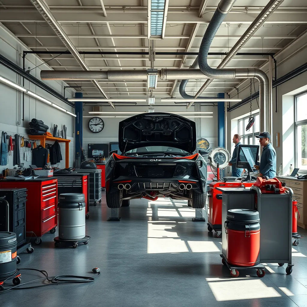 A clean, well-lit auto repair shop with mechanics working on a car, showcasing a variety of tools and equipment. The image should convey a sense of professionalism and expertise.