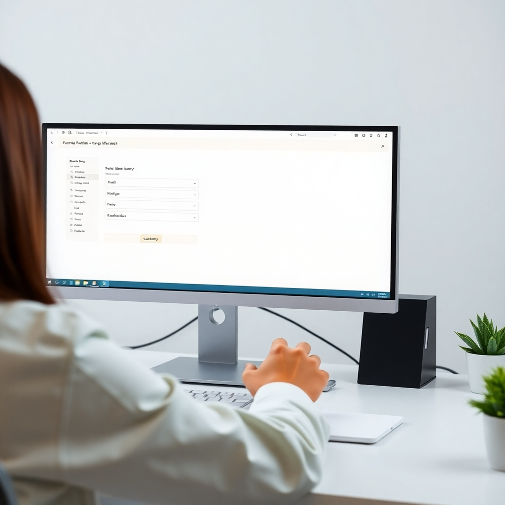 A clean and focused image of a person completing a microtask on their computer. The screen displays a data entry form or a survey interface. The background is minimalist and uncluttered, emphasizing the task at hand. The color palette is neutral and professional. 8k resolution, photorealistic.