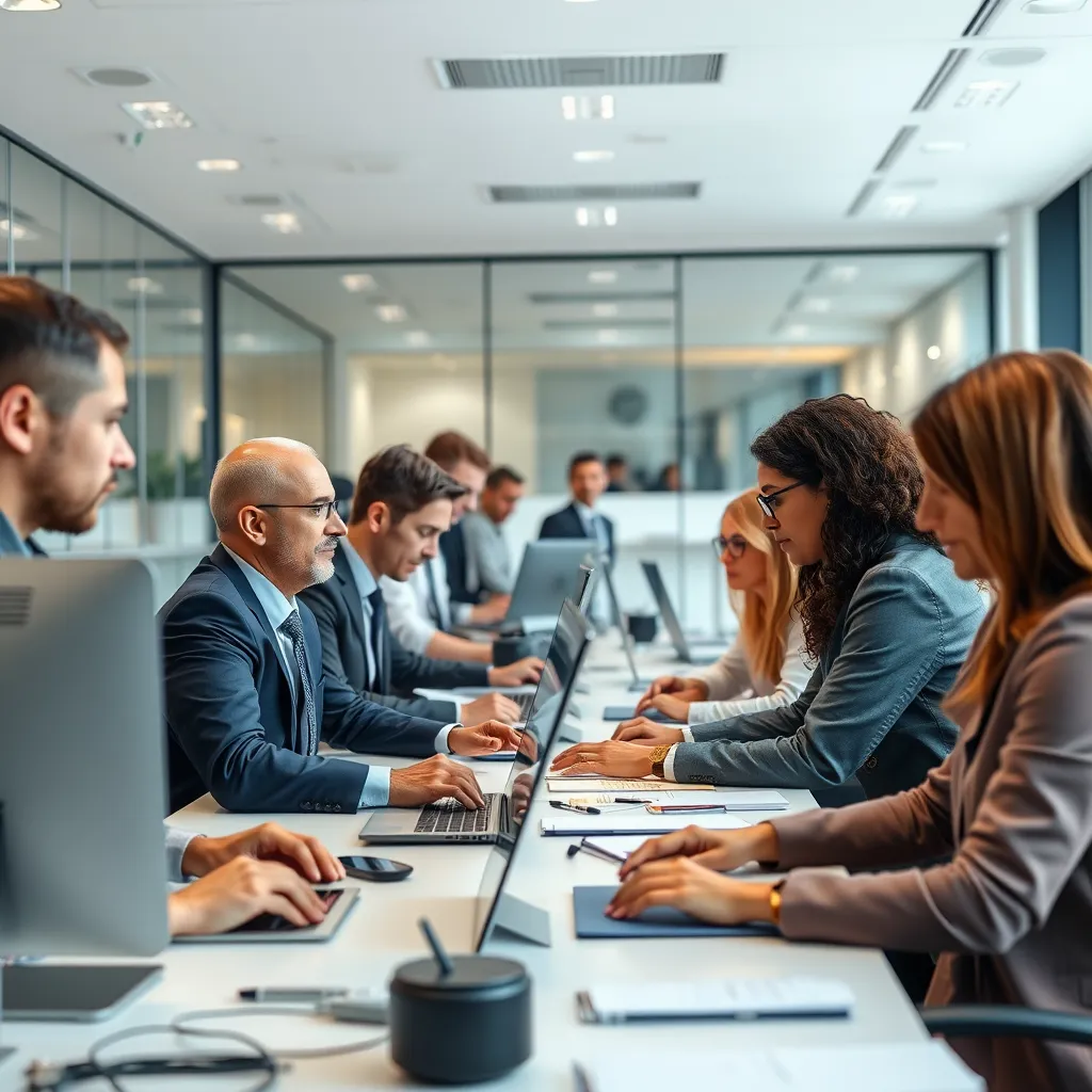 A clean and modern office setting with a mix of people, including business professionals and individuals, interacting with technicians who are working on various devices like laptops, desktops, and tablets. The scene should convey a sense of trust and professionalism.