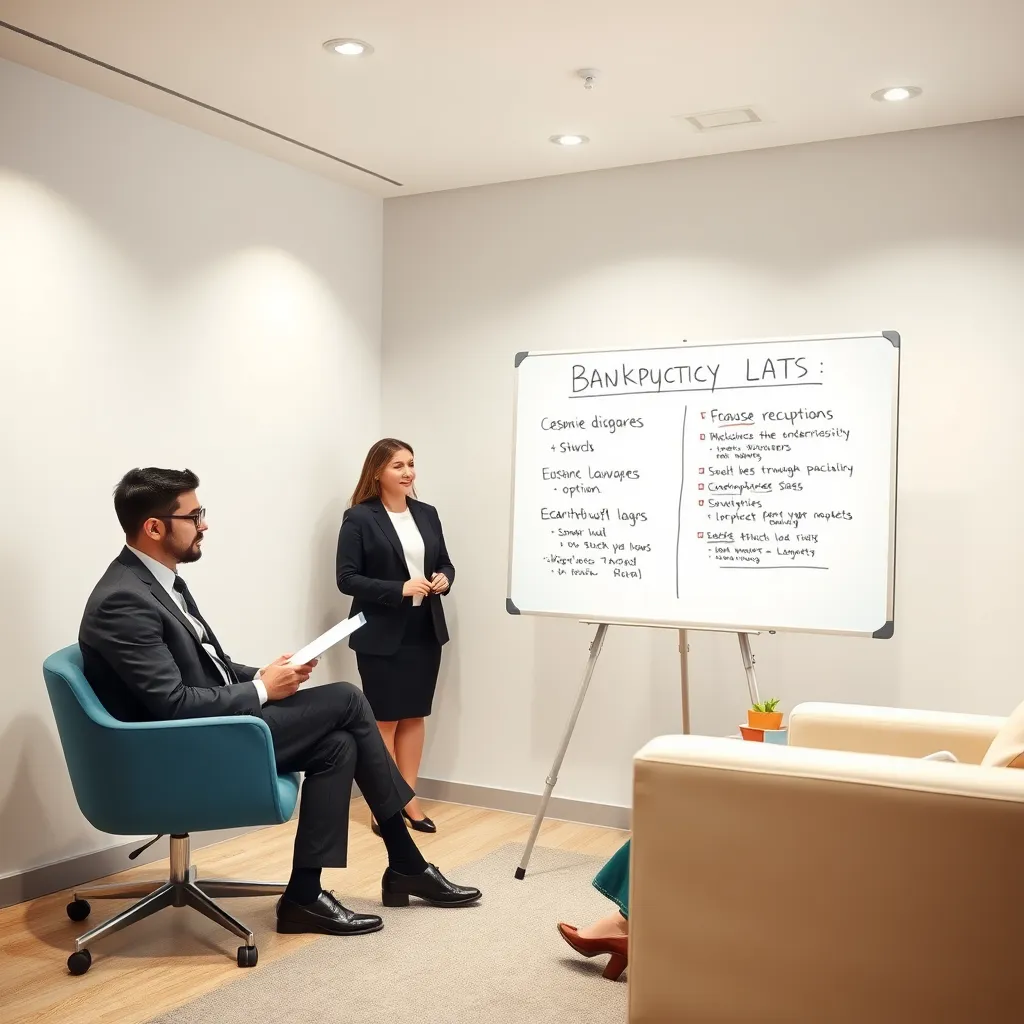 A clean and organized scene with a sleek, modern aesthetic. A lawyer, dressed in a professional outfit, is explaining bankruptcy options using a whiteboard with clear, concise diagrams and bullet points. The individual sitting across from the lawyer is actively listening and taking notes, indicating a sense of understanding and empowerment. The room is bright and well-lit with soft, indirect lighting. The color palette is primarily neutral with pops of blue and green, symbolizing clarity and stability. Capture a sense of confidence and hope as the individual grasps their options. Render in 8K resolution with hyperrealistic detail, showcasing the whiteboard, furniture, and clothing textures.