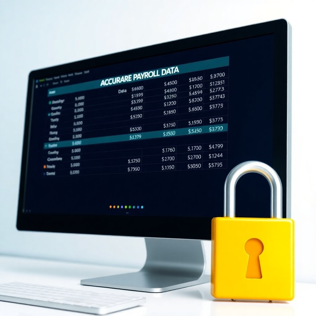 A clean and professional image depicting a computer screen displaying accurate payroll data, with a secure lock icon emphasizing data security.
