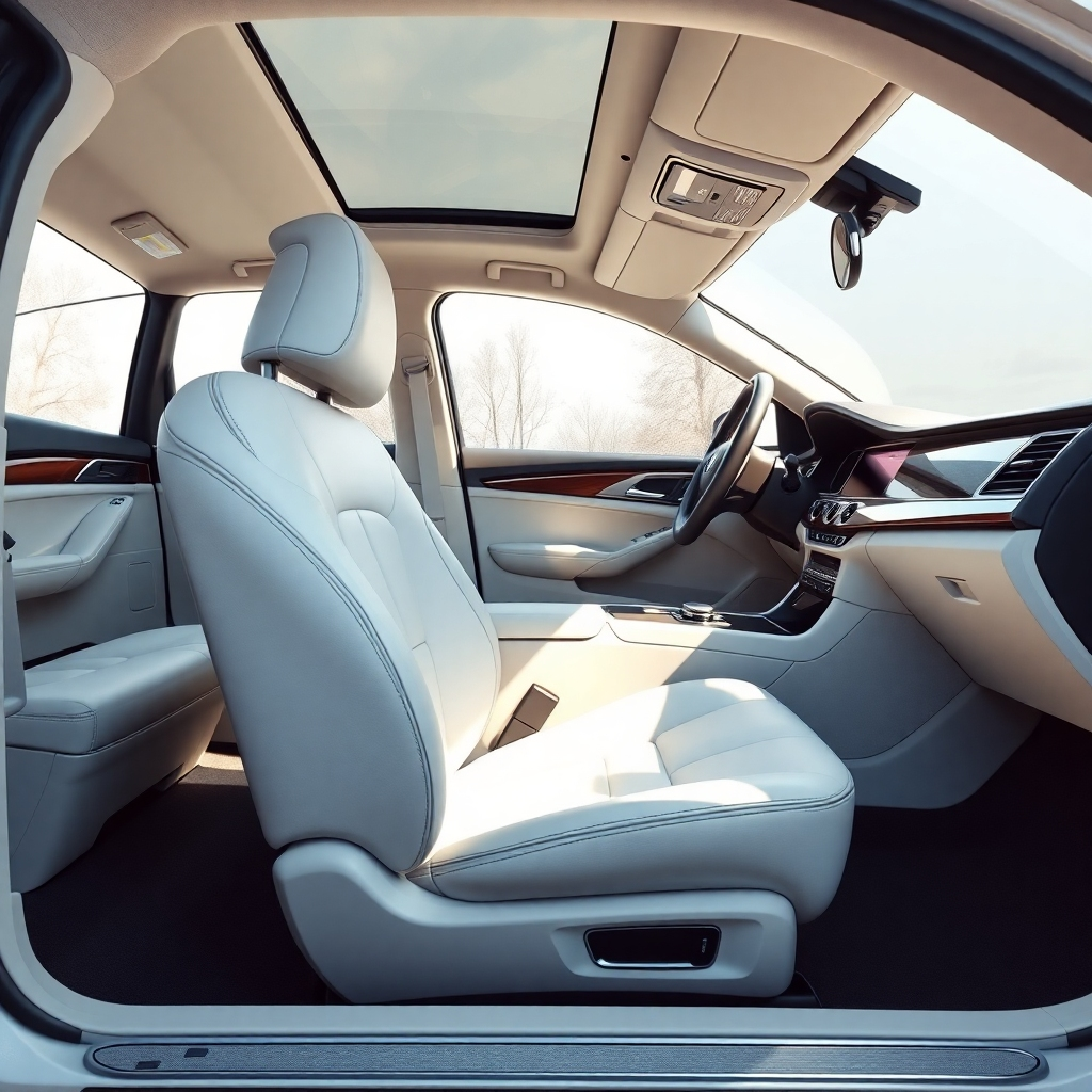 A clean and spacious car interior, showcasing a leather seat with a pristine white leather finish. The dashboard and console should be spotless, with a subtle wood trim.  The interior should be illuminated by soft, natural light streaming through the windows.