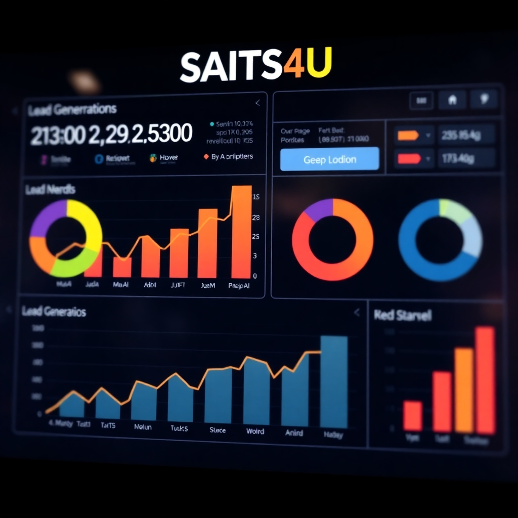 A clean, modern interface showing charts and graphs illustrating key performance indicators (KPIs) related to lead generation. The interface should be visually appealing, displaying data in an easy-to-understand manner. The background should subtly display the SAITS4U HumanBot logo.