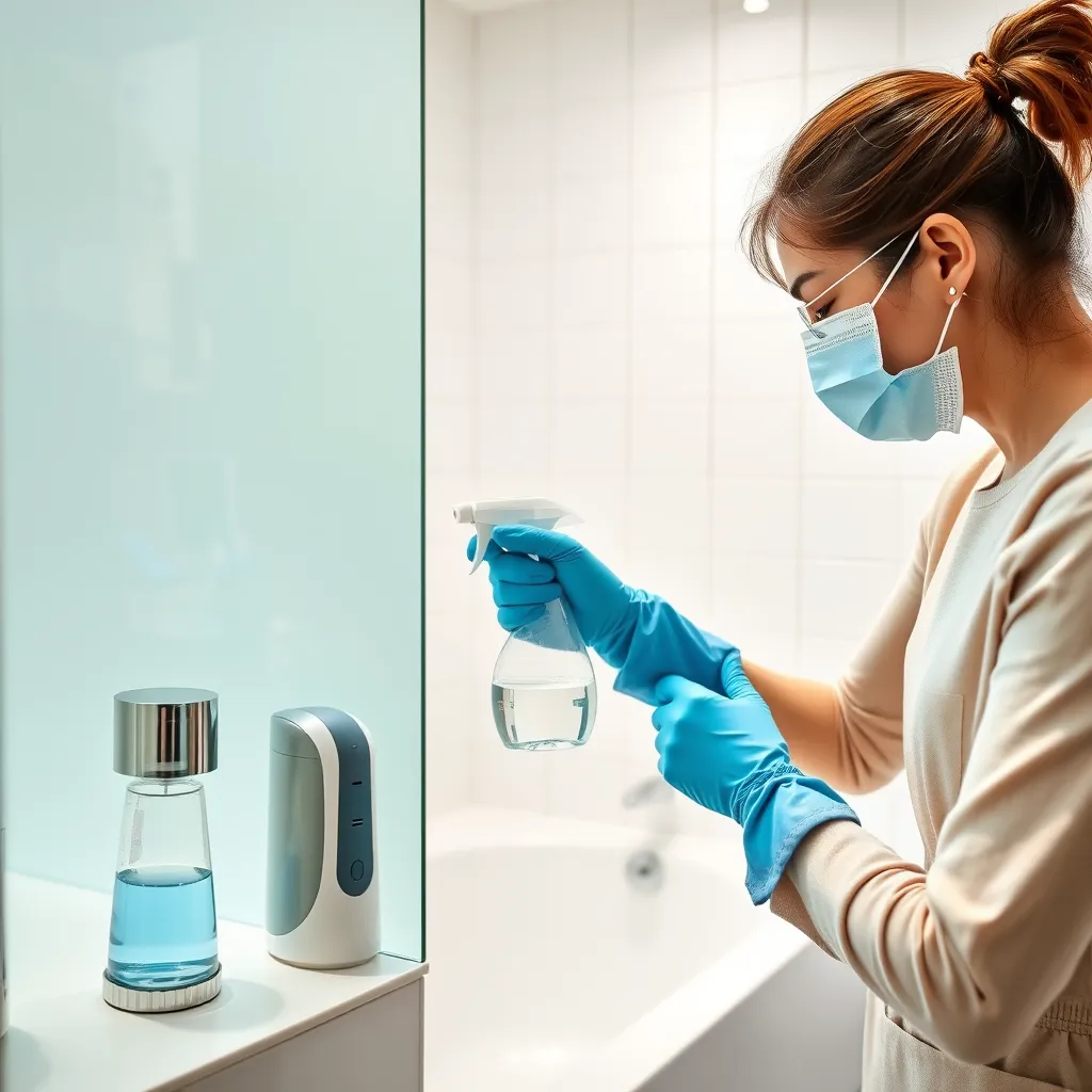 A cleaning professional wearing gloves and a protective mask is carefully cleaning a bathroom using a spray bottle and microfiber cloth. The bathroom is bright and airy with white tiles, a gleaming bathtub, and a frosted glass shower door. The cleaning products are displayed in a stylish dispenser, emphasizing their eco-friendly nature.