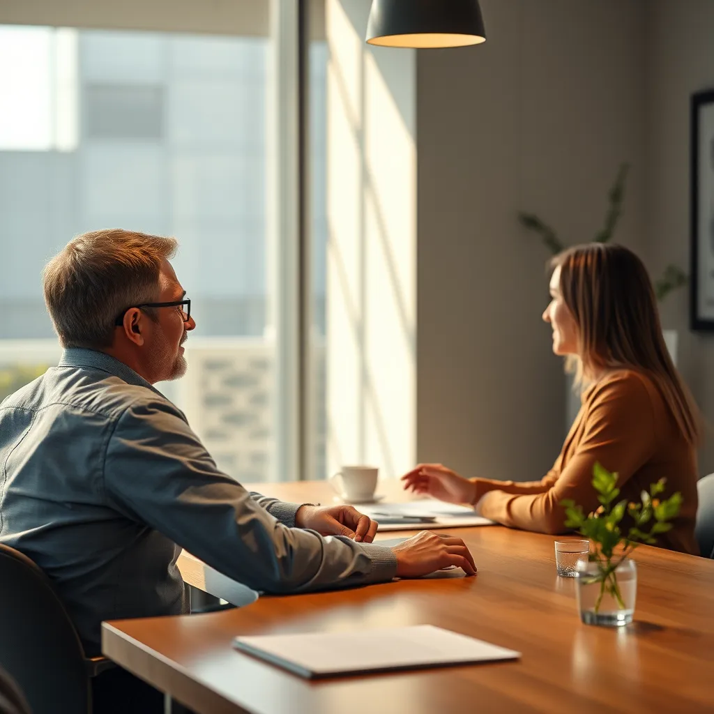 A client sitting at a table with a SAITS4U representative, discussing their website needs. The image should depict a friendly, collaborative environment with a focus on communication.