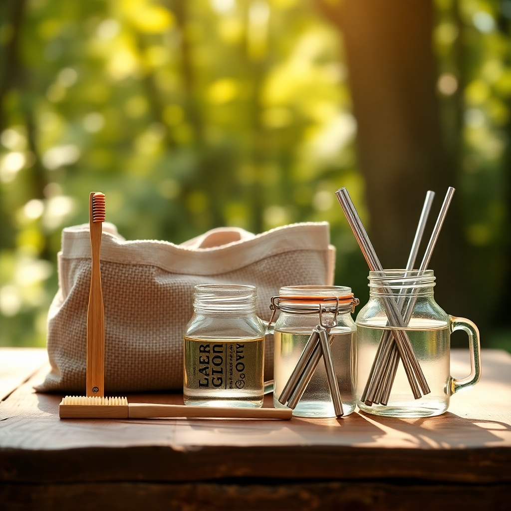 A close-up, detailed image focusing on a selection of sustainable products arranged on a rustic wooden table bathed in warm, natural light. The scene should include a bamboo toothbrush, a reusable canvas tote bag, a set of stainless steel straws, and a glass jar filled with eco-friendly dish soap. The background features a blurred backdrop of a lush, green forest, symbolizing the connection to nature.  The composition should emphasize the natural materials and textures of the products, highlighting the beauty and sustainability of each item. Capture the image with a shallow depth of field, blurring the background and drawing attention to the products. Render the image in 8K resolution with high fidelity, capturing the intricate details of the bamboo toothbrush, the woven texture of the canvas tote bag, and the gleaming surface of the stainless steel straws.  The overall mood should convey a sense of responsibility and a commitment to environmental awareness.