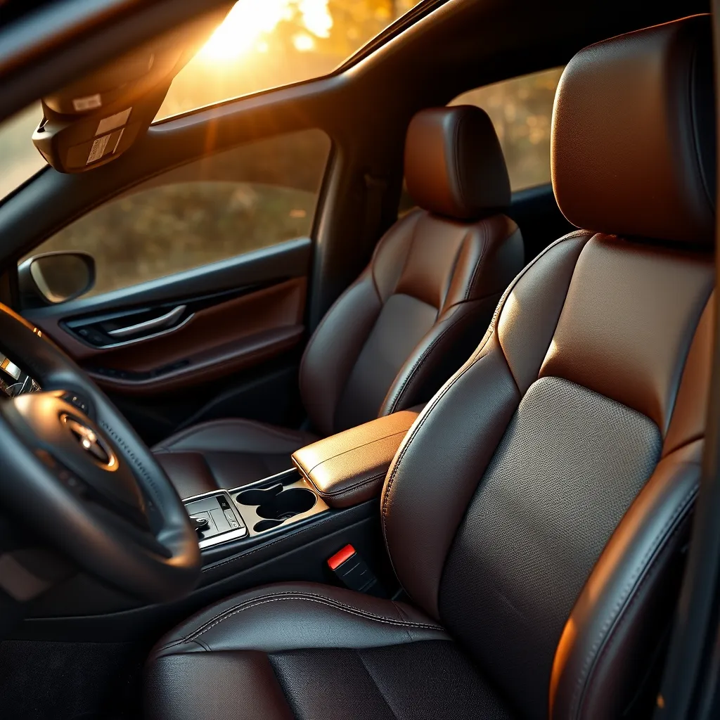 A close-up, high-angle shot of a car's interior after a deep clean, capturing the pristine condition of the leather seats, dashboard, and door panels. The sunlight streams through the window, casting warm, diffused lighting on the clean surfaces. The upholstery is a rich, dark brown leather, while the dashboard is a sleek, black plastic. The car is a modern SUV, and the interior is spacious and luxurious. The image is rendered in a hyperrealistic style, with meticulous attention to detail, showing the textures of the leather, the shine of the plastic, and the subtle dust particles that have been removed. The background is a soft, blurred bokeh effect, adding depth to the image and highlighting the clean interior. The overall mood is one of cleanliness and luxury, reflecting the high-quality service provided by SAITS4U Mobile Car Detailing.