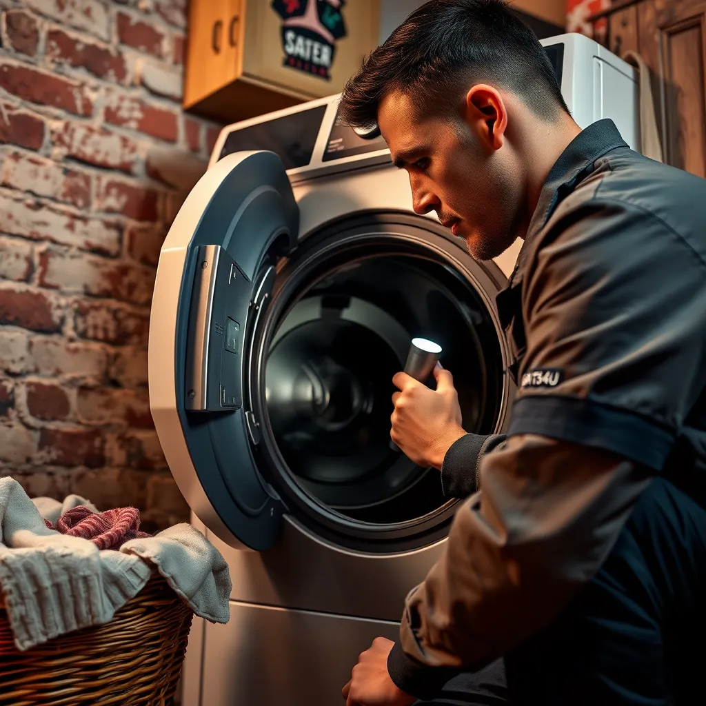 A close-up, hyperrealistic image of a SAITS4U technician working on a washing machine, captured from a low angle. The technician is wearing a company uniform and is carefully inspecting the washing machine's drum and internal mechanisms with a flashlight. The image should focus on the intricate details of the washing machine's components, such as the motor, belts, and hoses, showcasing the technician's knowledge and expertise.  The surrounding area should be a laundry room with a vintage aesthetic, featuring a brick wall, distressed wooden cabinets, and a basket overflowing with laundry.  The lighting should be soft and diffused, casting warm shadows on the technician and the machine.  The overall mood should be one of competence and reliability, conveying the trust that customers place in SAITS4U's services.
