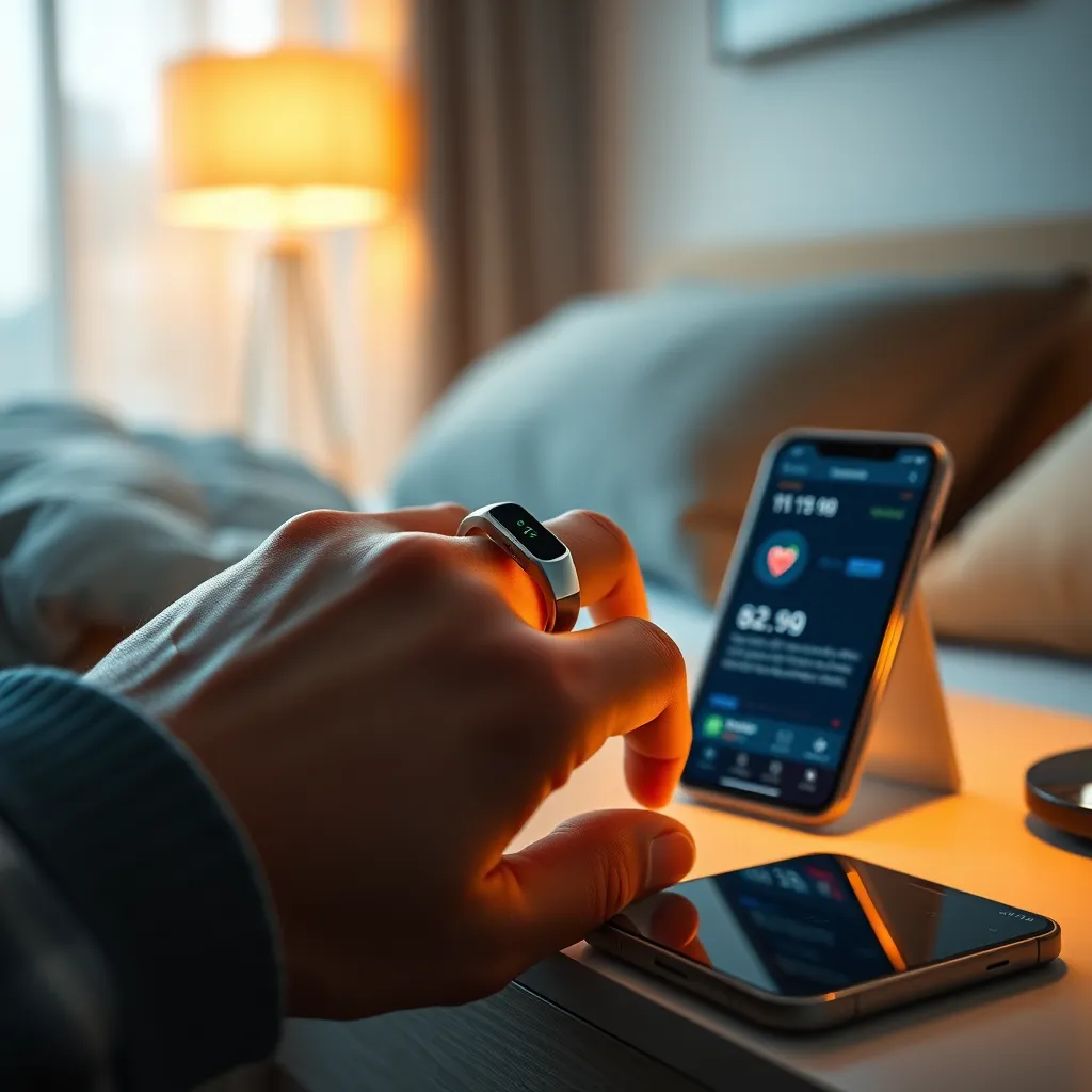 A close-up, hyperrealistic image of a person wearing a sleek, silver SAITS4U smart ring on their index finger. The ring is illuminated by soft, warm lighting, highlighting its elegant design and the subtle glow of the sensor. The scene is set in a modern, minimalist bedroom, with a bedside table featuring a sleek, minimalist phone with a health app interface displaying heart rate, sleep data, and activity statistics. The image should evoke a sense of calm and well-being, emphasizing the ring's ability to provide valuable health insights. Render this image in 8K resolution, with ultra-detailed textures and a depth of field that creates a sense of intimacy and focus on the ring.