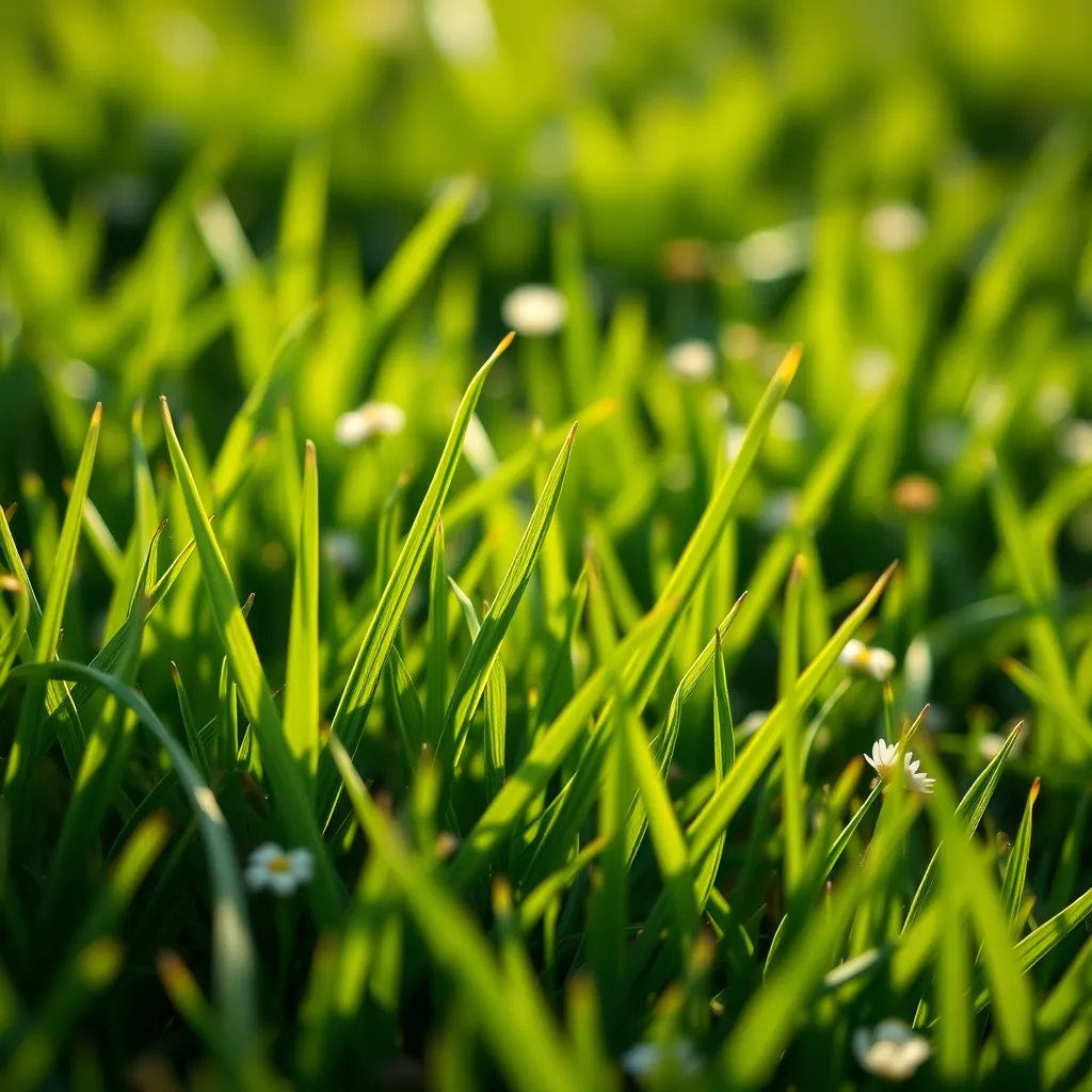 A close-up, macro shot of a single, pristine blade of grass, showcasing its vibrant green color and intricate details. The background is a soft blur of lush green grass, with a few tiny, delicate wildflowers scattered throughout. The scene is bathed in soft, warm sunlight. The image should convey the feeling of a healthy, thriving lawn, free of pests and weeds. The grass should be sharply focused, highlighting its smooth texture and healthy appearance. The tiny details of the wildflowers should add a touch of whimsy to the image. Rendered in ultra-high resolution with photorealistic detail, the image should evoke a sense of peace, serenity, and freedom from unwanted pests and weeds. The style should be reminiscent of the work of renowned nature photographer, Frans Lanting.