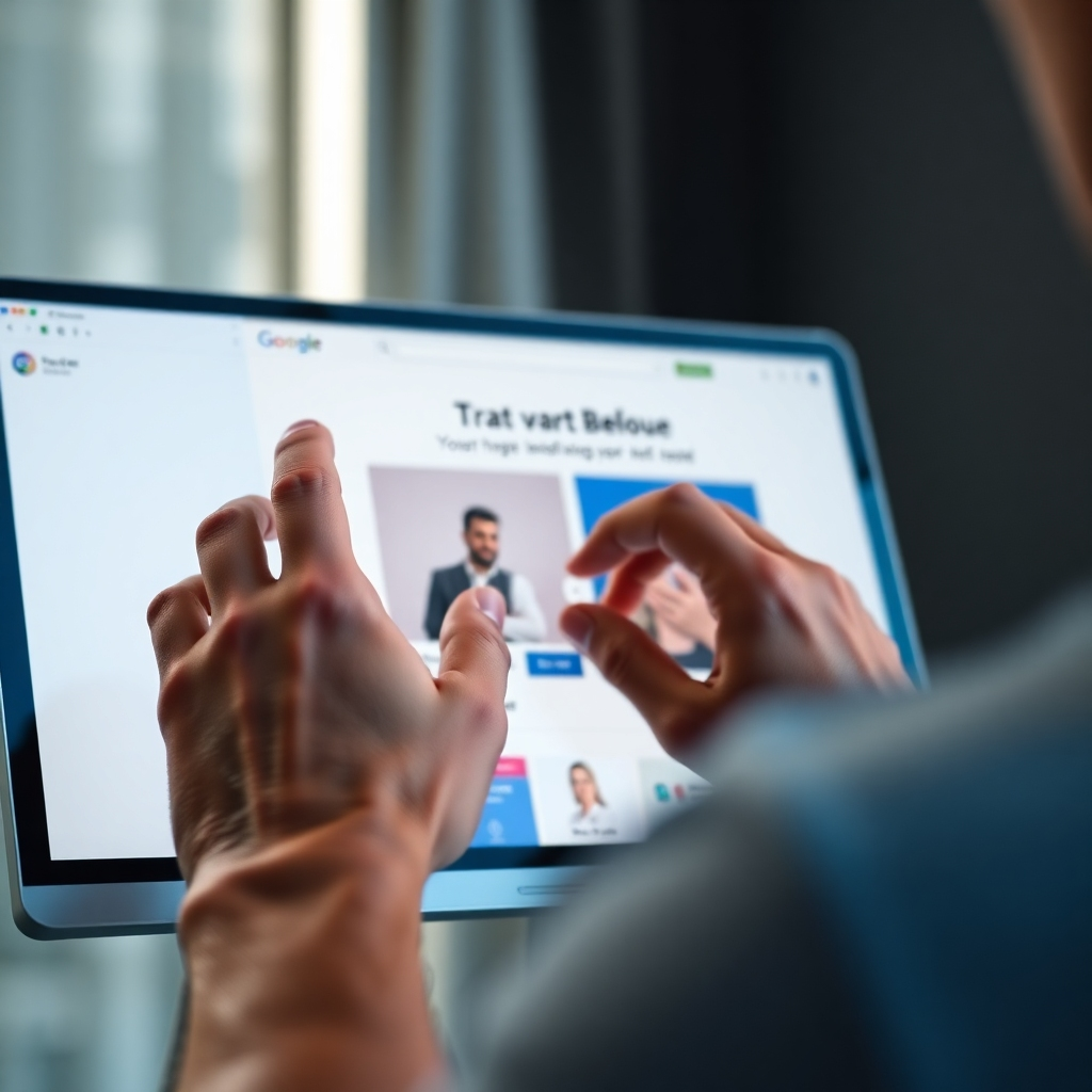 A close-up, photorealistic image of a person's hands using the drag-and-drop interface of Systeme.io to build a landing page. The screen should clearly show the ease of use and the visual elements being arranged. The background should be subtly blurred, focusing attention on the hands and screen.