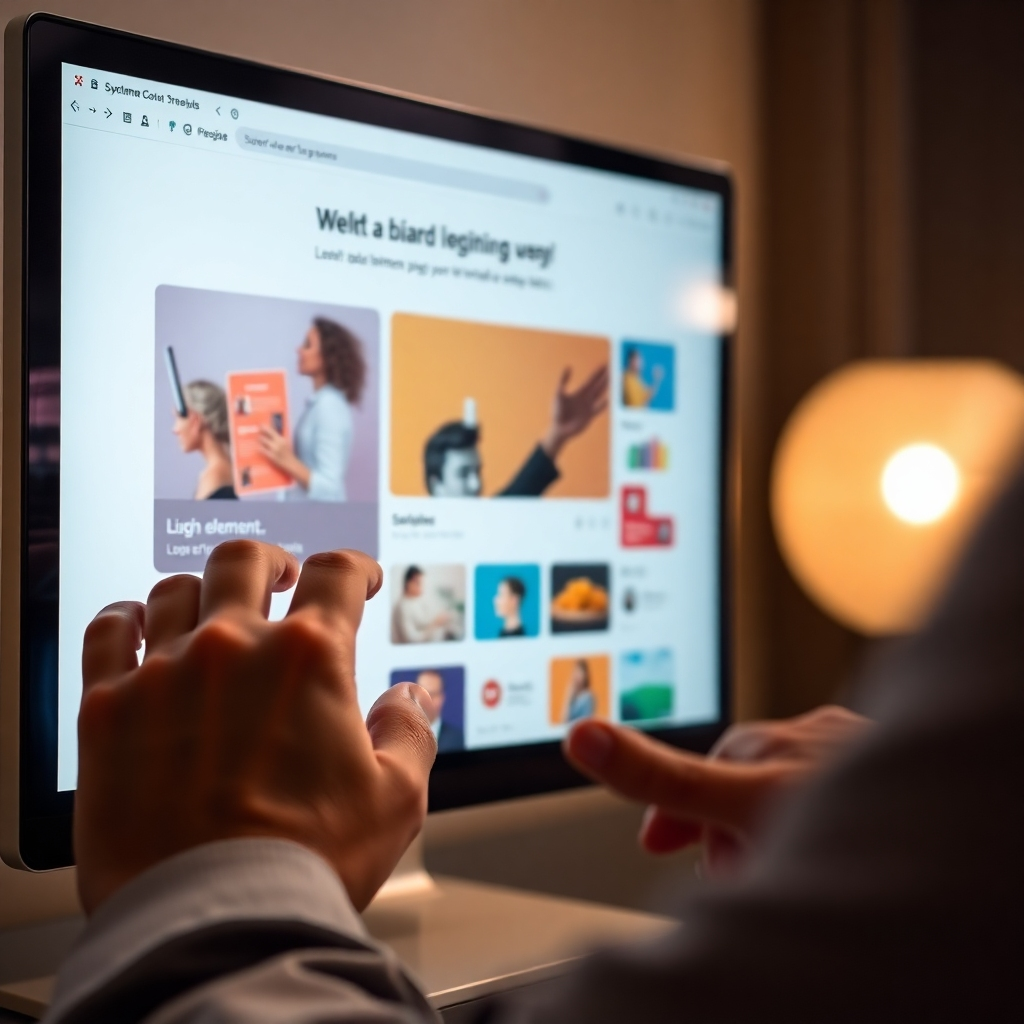 A close-up, photorealistic shot of a person's hands effortlessly dragging and dropping elements onto a Systeme.io interface to build a visually appealing landing page. The screen should showcase the drag-and-drop functionality clearly, with a variety of design elements available. The background should be subtly blurred, highlighting the interface.