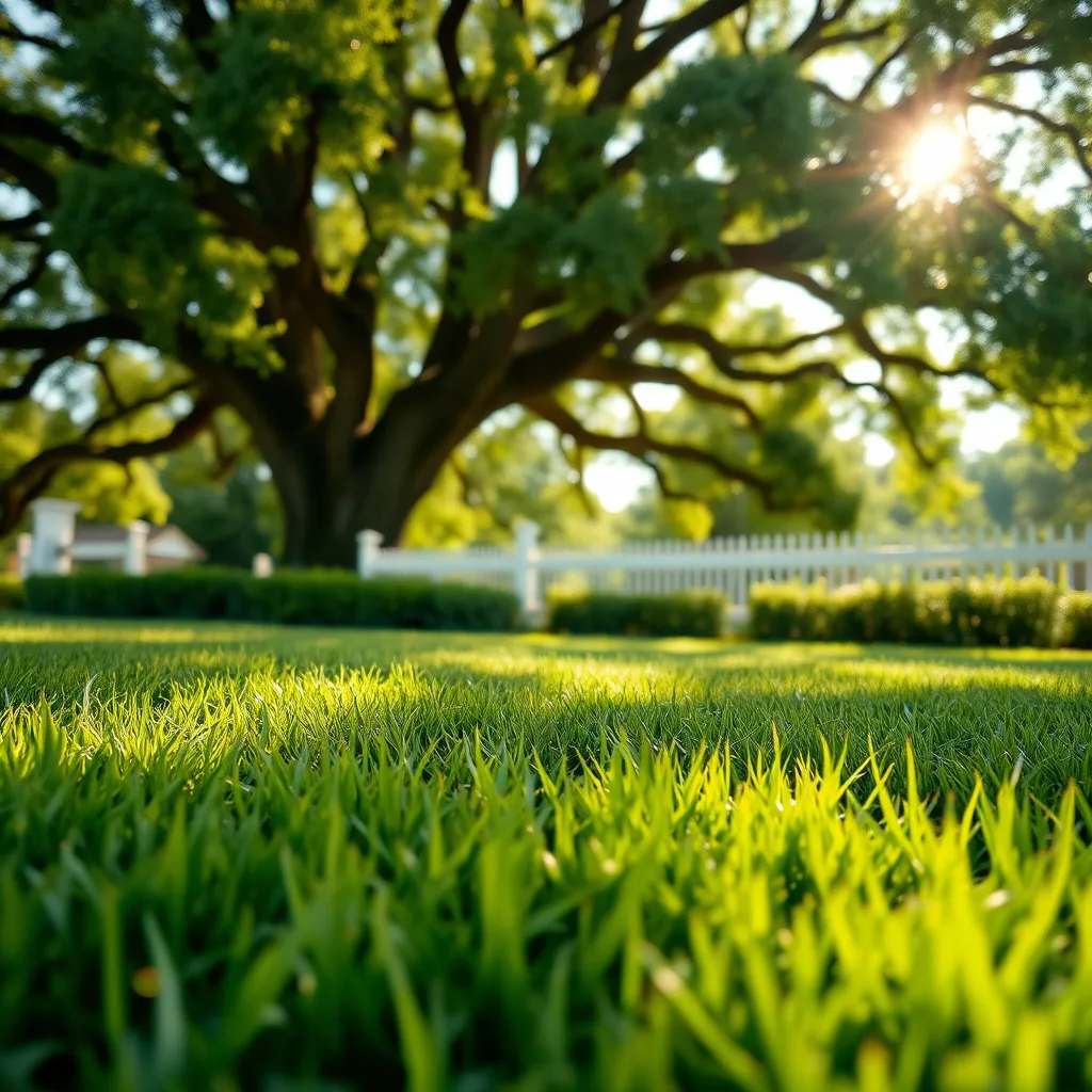 A close-up, wide-angle shot of a lush, green lawn with freshly mowed grass. Sunlight streams through the leaves of a large, healthy oak tree in the background, casting dappled shadows on the grass.  The lawn is framed by a manicured border of vibrant green shrubs and a white picket fence. The photo should have a warm, inviting, and natural aesthetic, with soft, diffused lighting. The texture of the grass should be detailed and realistic, showcasing the blades of grass as they are cut. The scene should have a calming and peaceful atmosphere, reflecting the quality of SAITS4U Lawn Care services. The image should be generated in 8K resolution with ultra-realistic detail, utilizing the style of a renowned landscape photographer like Michael Kenna or Joel Meyerowitz.
