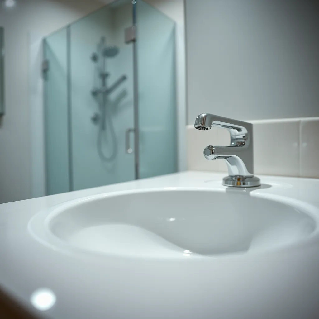 A close-up image of a bathroom sink gleaming under bright, focused lighting. The sink is spotless, with no traces of soap scum or watermarks. The countertop is polished and free of any dust or debris. The faucet is shiny and chrome, reflecting the light. The details of the sink's smooth surface and the polished countertop should be captured in high definition. The background should be a blurred view of the bathroom with a clean shower stall, showcasing the overall cleanliness of the space. The image should have a sharp focus on the sink and a soft blur on the background, creating a sense of depth and realism. The overall mood should be clean and refreshing, highlighting the meticulous nature of the deep cleaning service.