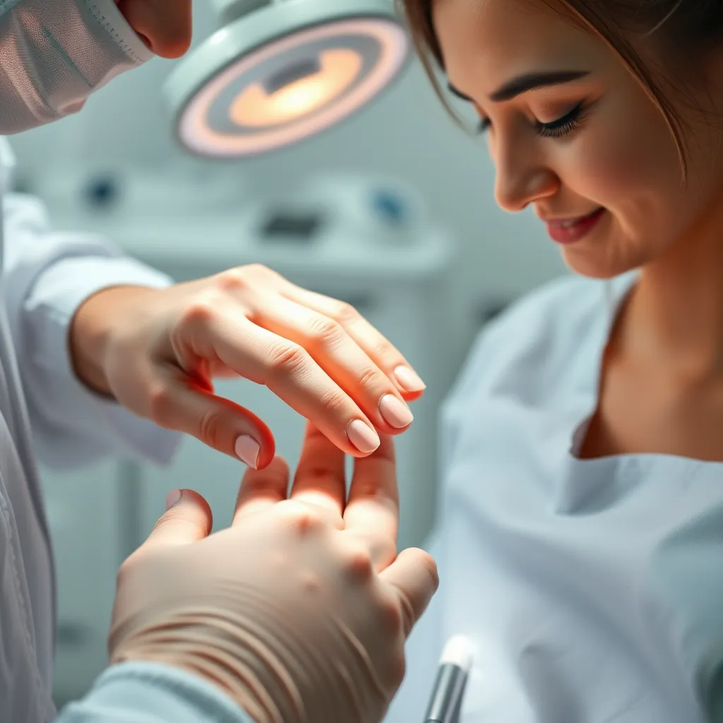 A close-up image of a dentist's hands gently holding a patient's hand during a dental procedure.  The dentist is wearing a warm smile, conveying compassion and reassurance. The patient has a relaxed and comfortable expression on their face.