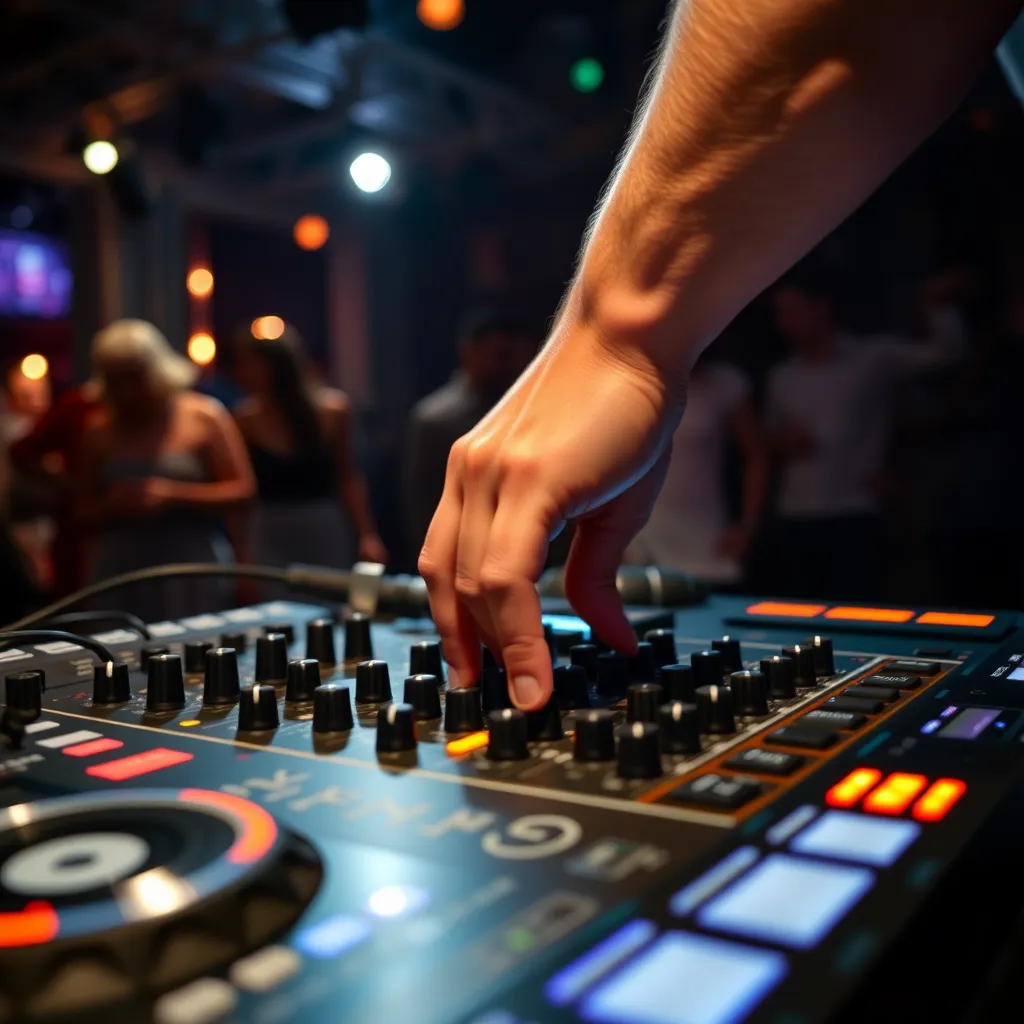 A close-up image of a DJ's hands skillfully blending two different songs on a mixing console. The background shows a dimly lit club with a dance floor, creating a sense of movement and energy.