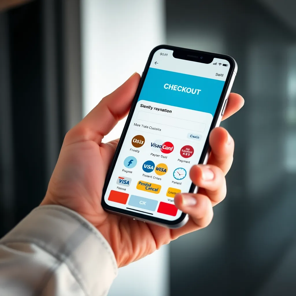 A close-up image of a hand holding a smartphone, with the screen displaying a secure online checkout page. The screen showcases a variety of familiar and trusted payment icons, emphasizing the website's commitment to security and user privacy. The smartphone is positioned against a sleek, modern background, creating a sense of professionalism and trustworthiness. Soft, diffused lighting illuminates the scene, highlighting the key elements of the payment options. Capture the image with a close-up perspective, drawing attention to the details of the payment options and emphasizing their accessibility and ease of use. Render the image in ultra-high resolution with a focus on realistic textures and materials, conveying a sense of quality and reliability.
