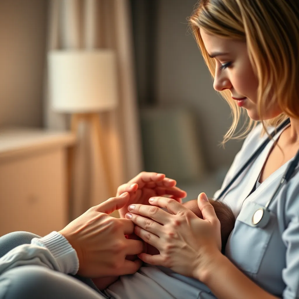 A close-up image of a lactation consultant gently guiding a new mother with breastfeeding techniques, a soft and warm lighting, emphasizing a supportive and caring atmosphere.