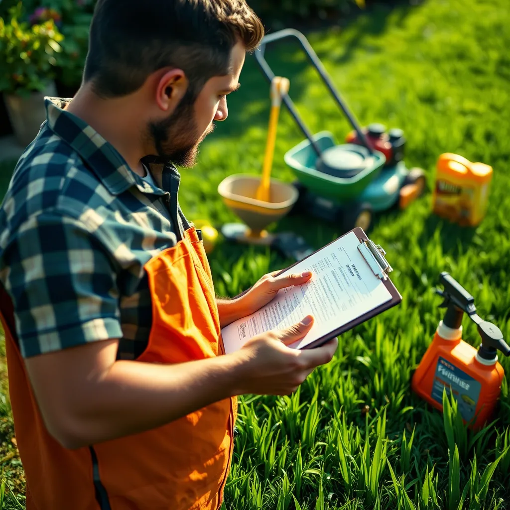 A close-up image of a lawn care specialist examining a lush green lawn with a clipboard, showcasing various tools and equipment like a lawn mower, fertilizer spreader, and weed control spray in the background.