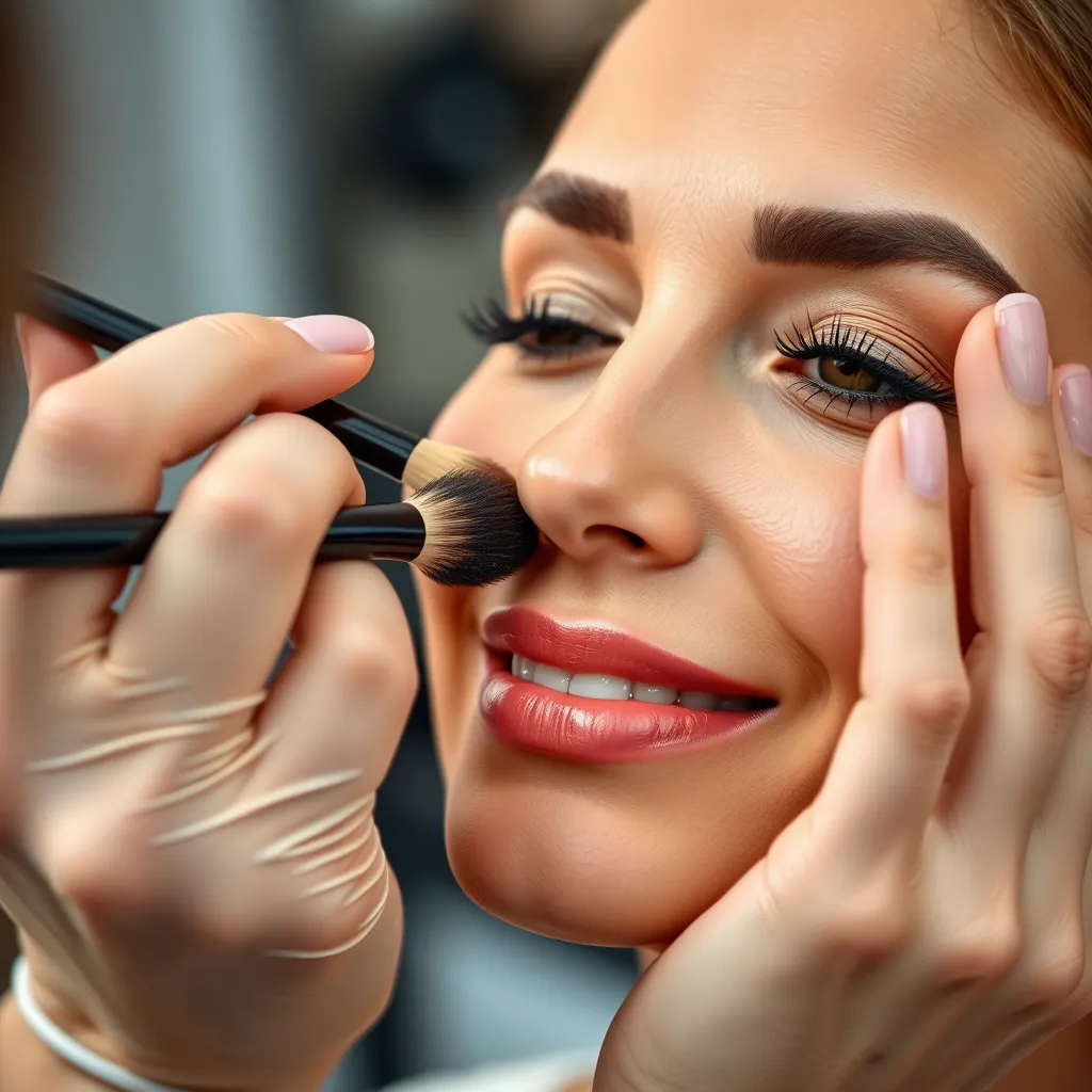 A close-up image of a makeup artist's hands expertly applying makeup on a woman's face. The image should focus on the tools and products being used, such as brushes, sponges, and palettes. The woman's expression should be relaxed and content, reflecting the gentle and professional touch of the artist.