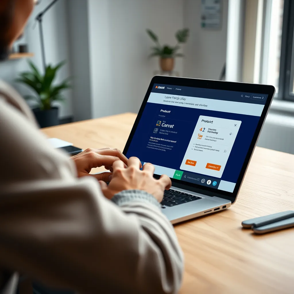 A close-up image of a person confidently navigating a user-friendly website on a laptop.  The screen should display a clear product listing with shopping cart and checkout buttons. The background should be a modern and minimalist workspace.