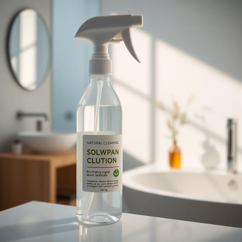 A close-up image of a spray bottle filled with a natural cleaning solution, with a label that highlights its eco-friendly ingredients. The bottle is placed on a clean countertop in a bathroom with natural light streaming in, showing a sleek and modern bathroom design with a minimalist aesthetic.
