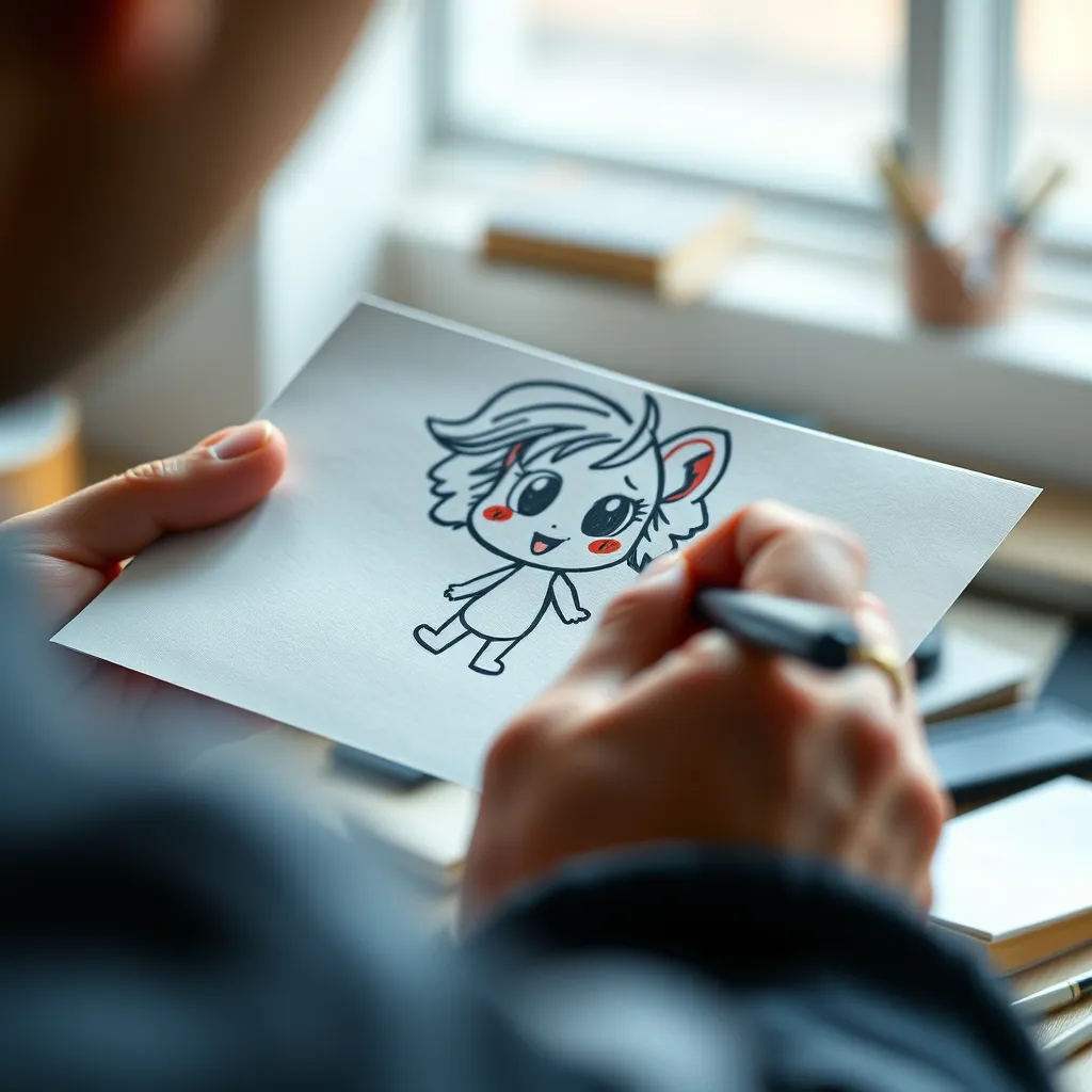 A close-up of a hand sketching a whimsical character on a piece of paper. The character should be colorful and imaginative, with details like fluffy hair, big eyes, and a playful expression. The background should be blurred, focusing attention on the drawing process and the creative energy of the artist.