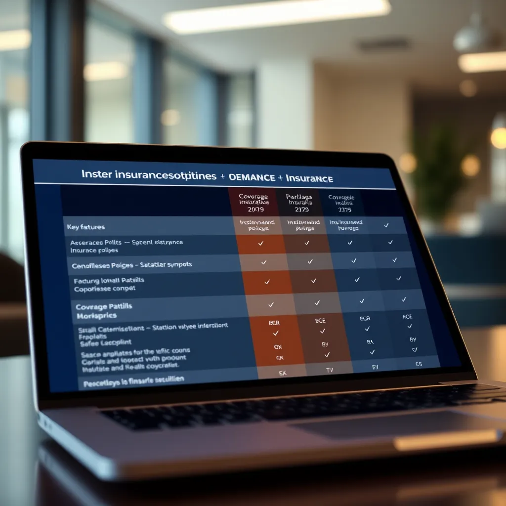 A close-up of a laptop screen showing a comparison table of different insurance policies. The table should highlight key features, coverage details, and prices for each policy. The laptop is placed on a desk in a well-lit office environment.
