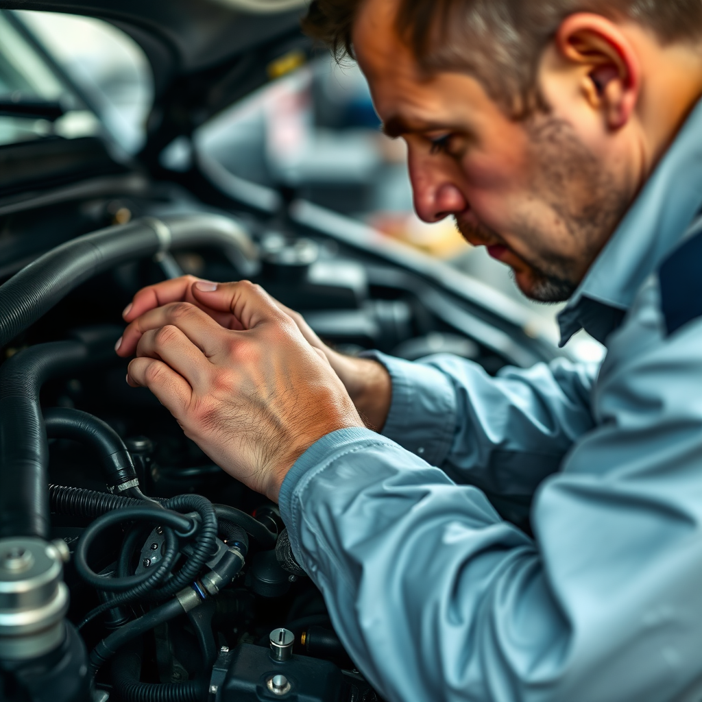 A close-up of a mechanic performing a detailed inspection on a car engine. Focus on precision and quality assurance.