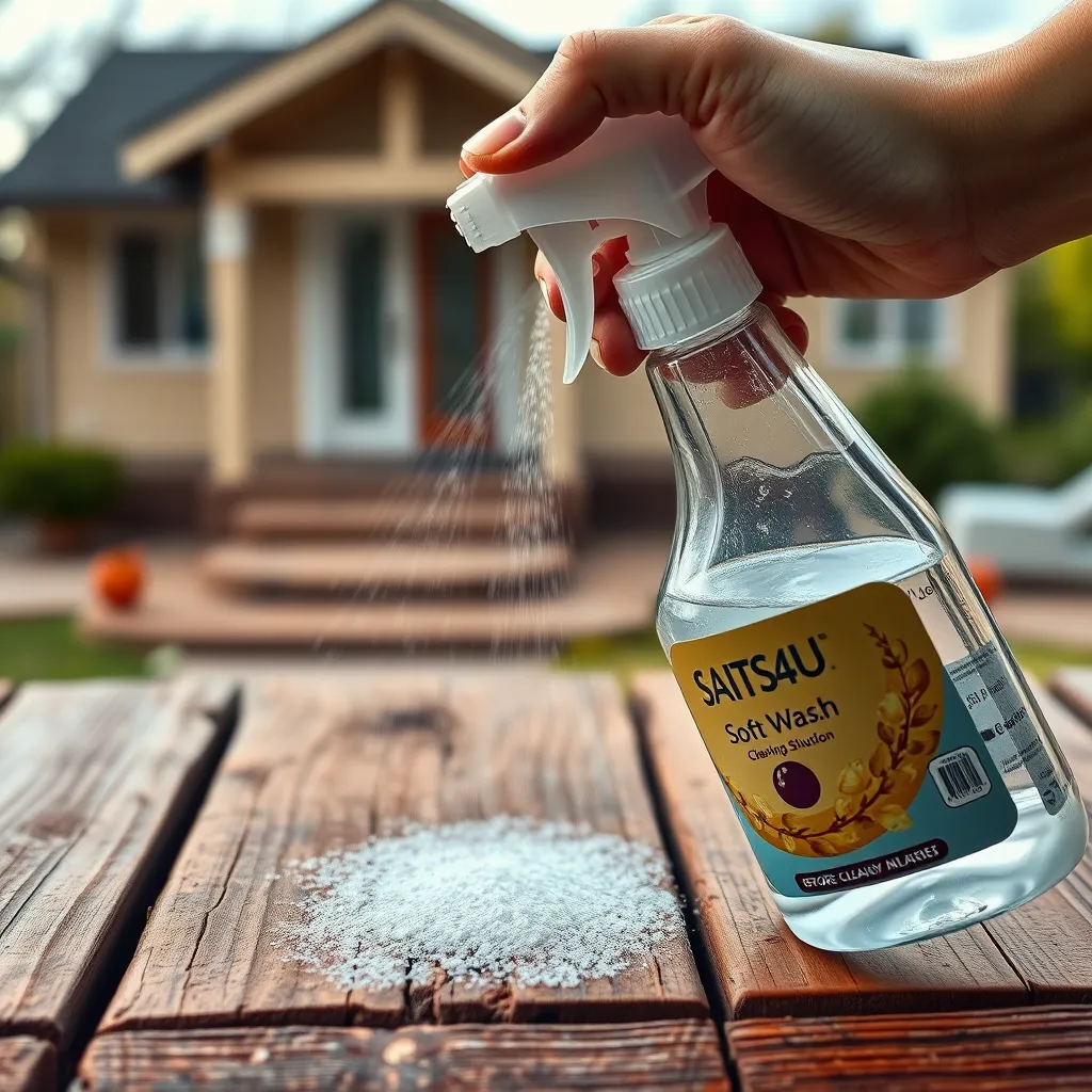 A close-up photo of a hand holding a spray bottle with a label that reads 'SAITS4U Soft Wash' and a gentle stream of cleaning solution being sprayed onto a dirty wooden surface. The surface should show visible signs of grime and mold before the cleaning solution is applied, and the image should focus on the transformation of the surface with the application of the solution. The background should be a blurred image of a residential home.