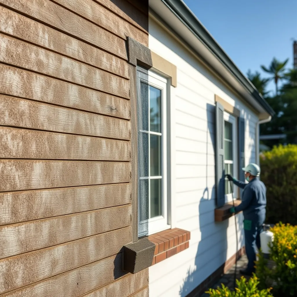 A close-up photo of a house's exterior wall, showing a before-and-after comparison. The 'before' side is covered in dark grime and mold, while the 'after' side is clean and bright. The cleaning process is subtly visible in the background, featuring a technician spraying a soft washing solution onto the wall.