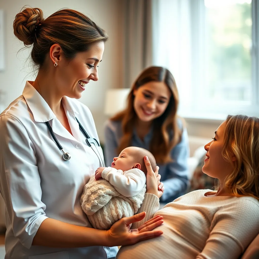 A close-up photo of a lactation consultant gently holding a baby while smiling and talking to a young mother sitting beside her. The setting is a warm and comfortable room, with soft lighting and a calming atmosphere.