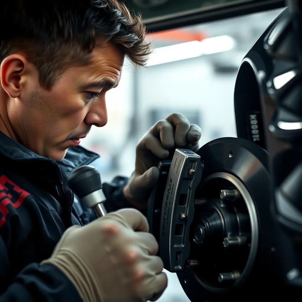 A close-up photo of a mechanic inspecting brake pads on a car, with tools and a focused expression on their face. The background should be a clean and well-lit garage setting.