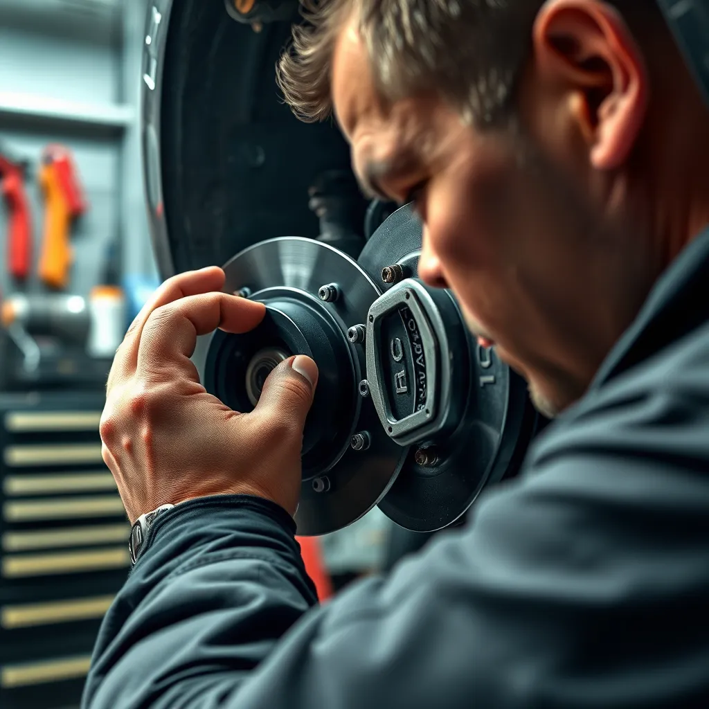 A close-up photo of a mechanic inspecting brake pads on a car, with tools and equipment in the background. The scene should be brightly lit and convey a sense of professionalism and attention to detail.