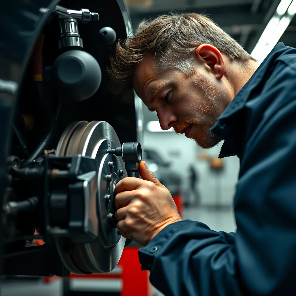 A close-up photo of a mechanic using a specialized tool to inspect brake pads on a car, with a professional, clean garage environment in the background. The image should convey a sense of precision and expertise.