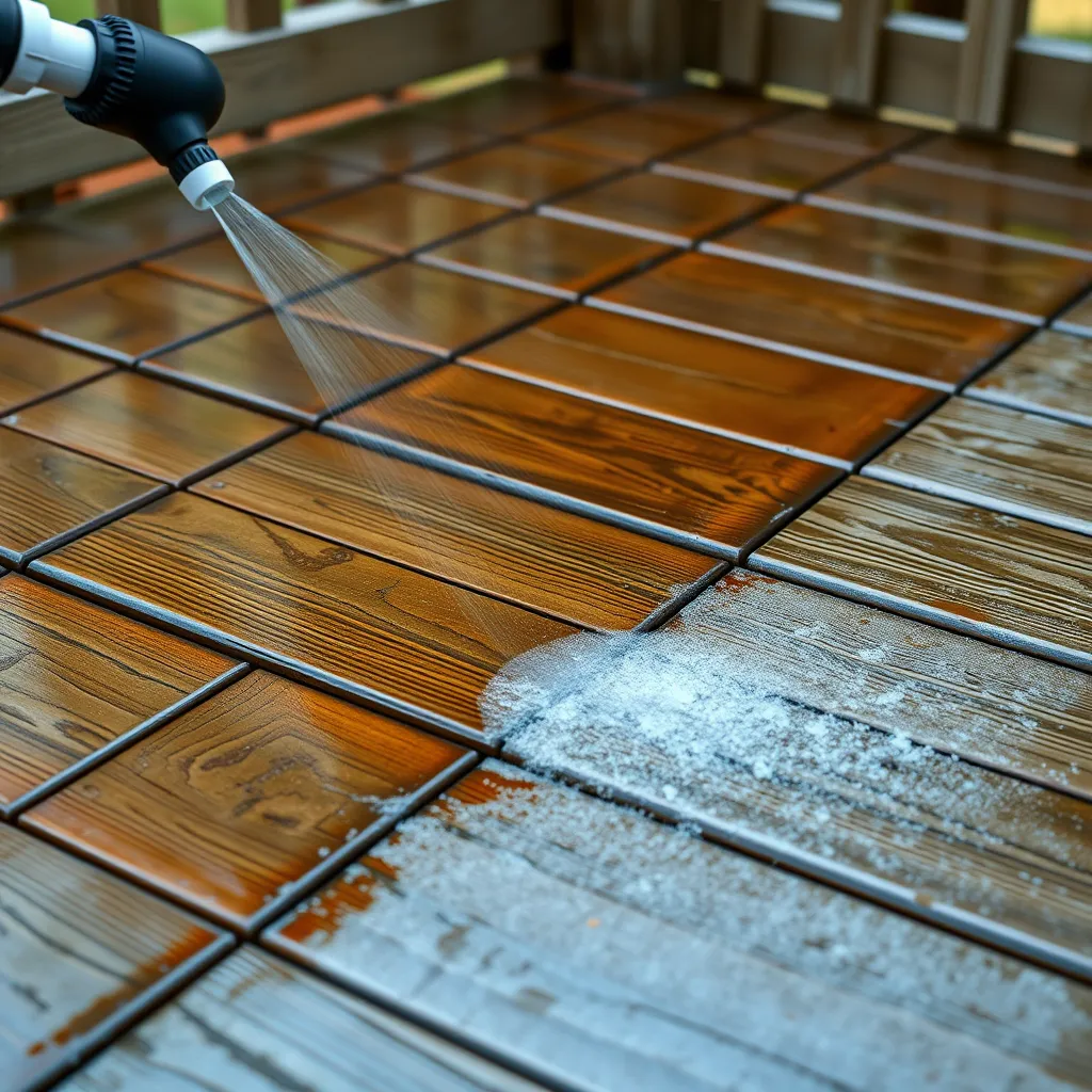 A close-up photo of a weathered wooden deck being cleaned with a soft washing solution, showing a visible difference between the cleaned and uncleaned areas. The cleaning solution should be applied with a professional soft washing sprayer. The image should convey the gentle and effective nature of the cleaning process.