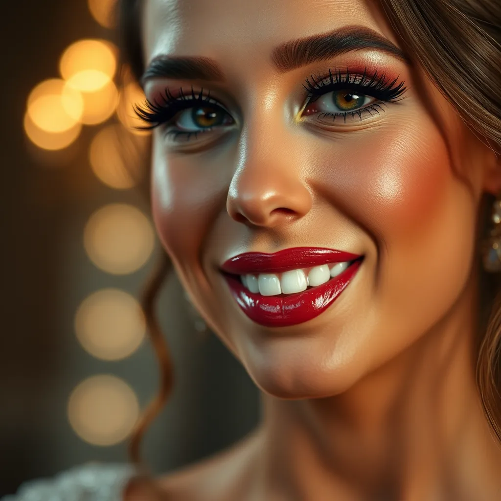 A close-up photo of a woman with stunning makeup, focusing on the details of the eye shadow, eyeliner, and lipstick. She has a warm and confident smile. The background is blurred and filled with soft light. The overall vibe is elegant and sophisticated.